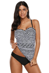 Black White Geometric Pattern Strappy Back 2pcs Tankini Swimsuits